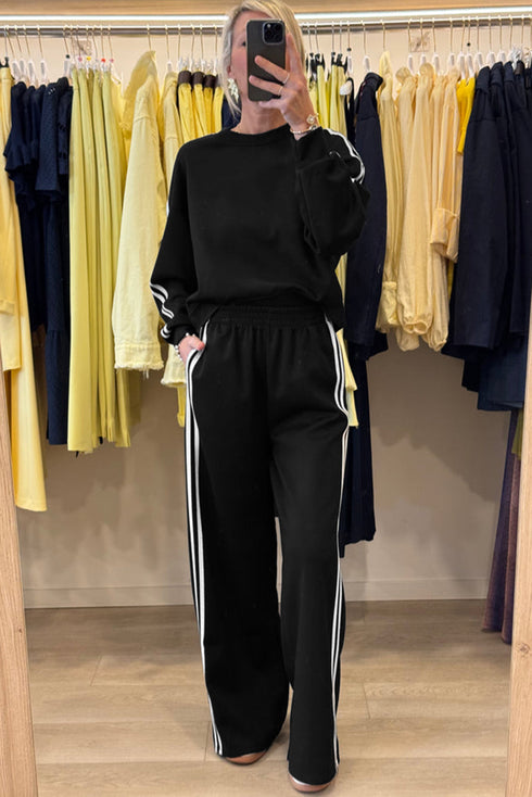 Varsity Stripe Drop Shoulder Crewneck Pullover And Wide Leg Sweatpants Set